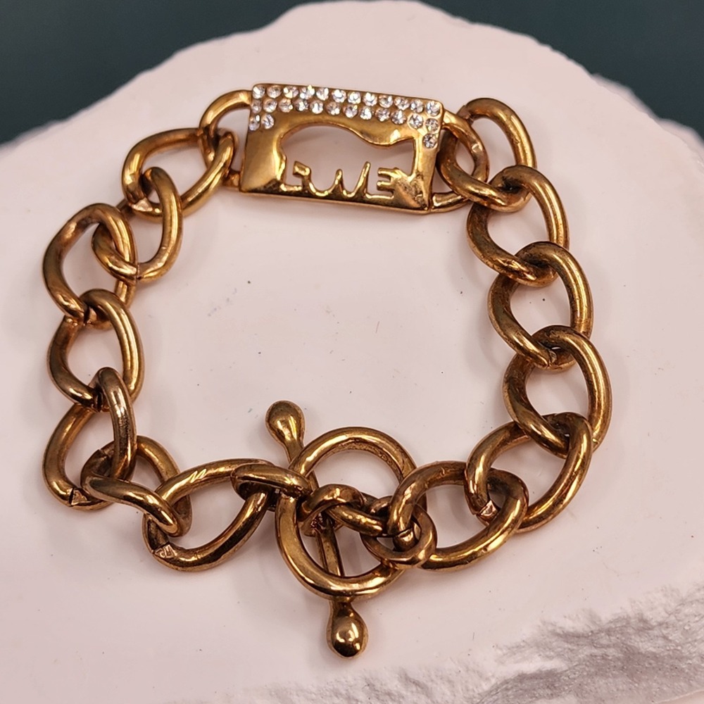 Gold Tone Chunky Chain Bracelet LOVE Cutout Clear Rhinestone Toggle Statement